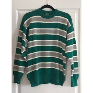 IZOD Preppy Vintage Striped Crewneck Sweater Green Gray White 100% Cotton Size M